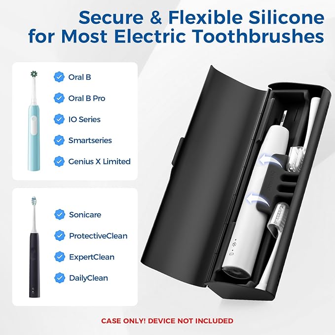 Aluminum Electric Toothbrush Travel Case, 2 in 1 Travel Toothbrush Holder for Oral B/Oral-B Pro 1000 1500 5000 7000 and Most Electric Toothbrush for Traveling, Removable Silicone Liner-Black