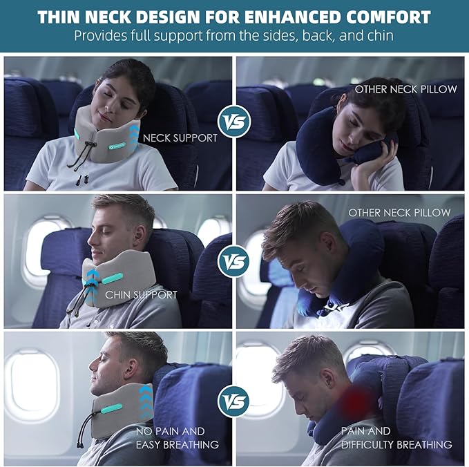 GOLDORANGE Travel Pillow Upgraded Airplane Neck Pillows Chin Support Adjustable Memory Foam Travel Essentials for Car Home Office Headrest Sleep with with Eye Masks Earplugs and Luxury Bag, Gray-Blue