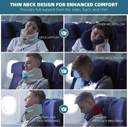 GOLDORANGE Travel Pillow Upgraded Airplane Neck Pillows Chin Support Adjustable Memory Foam Travel Essentials for Car Home Office Headrest Sleep with with Eye Masks Earplugs and Luxury Bag, Gray-Blue
