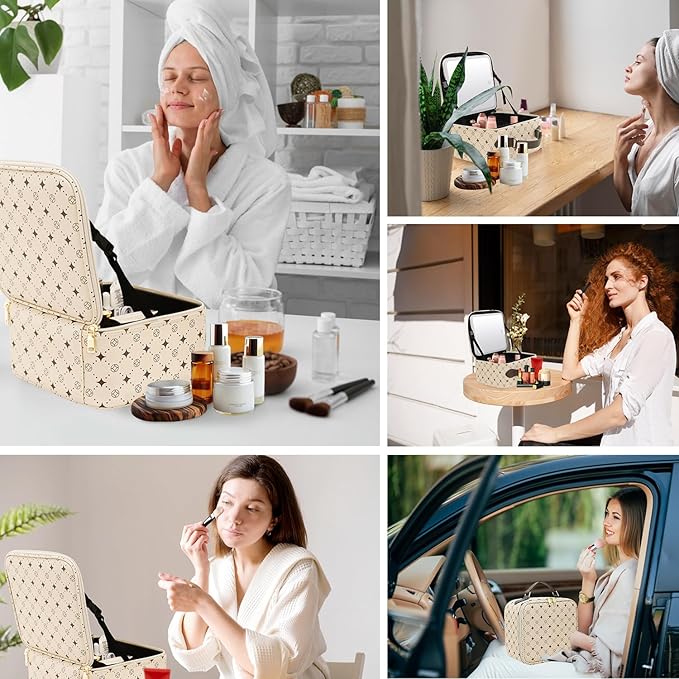 Travel Makeup Bag With 360° rotating LED Mirror,Waterproof cosmetic organizer,Portability Cosmetic case,Makeup organizer,Gift for Women,Girls Gift (Beige + Brown)