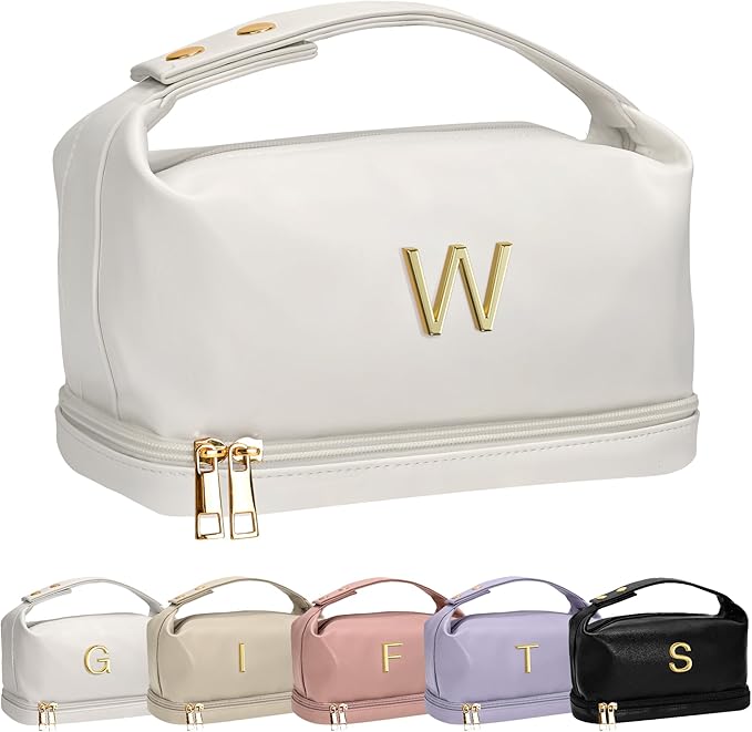 Letter Makeup Bags, Personalized Bags with Handle, Waterproof Double Layer Cosmetic Bag, Large Capacity PU Leather Makeup Bags Letter Travel Toiletry Bag with Makeup Brush Organizer