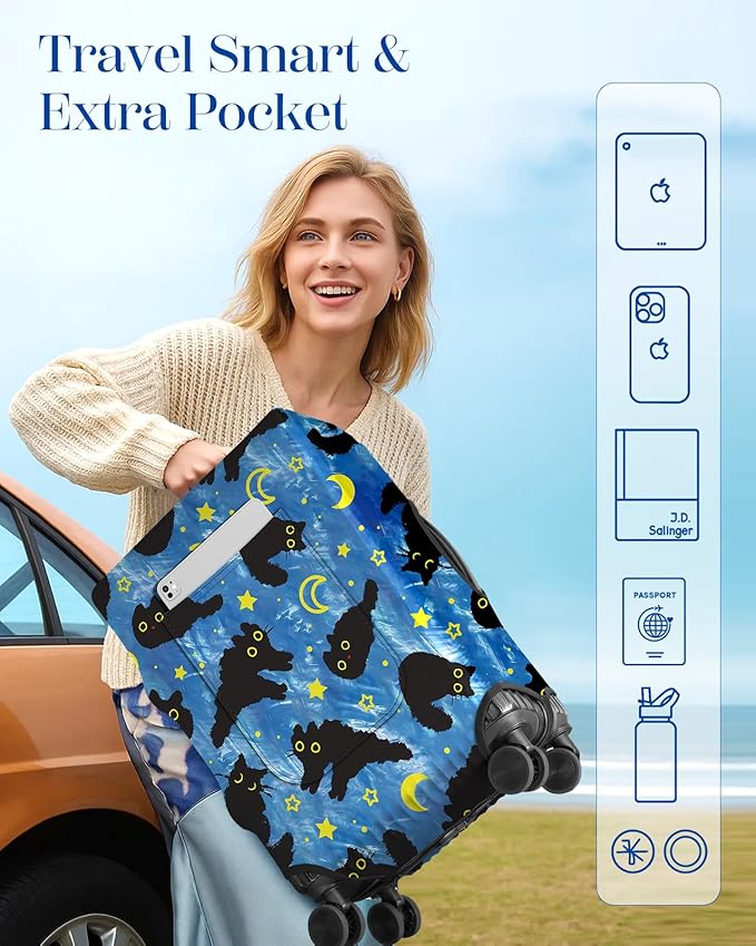 Slohif Luggage Cover for Suitcase Tsa Approved Protector - Luggage Sleeve Large Suit Case Cover Travel Stretch Baggage Case Protective Washable Fit 18-20 Inch Black Cat XS