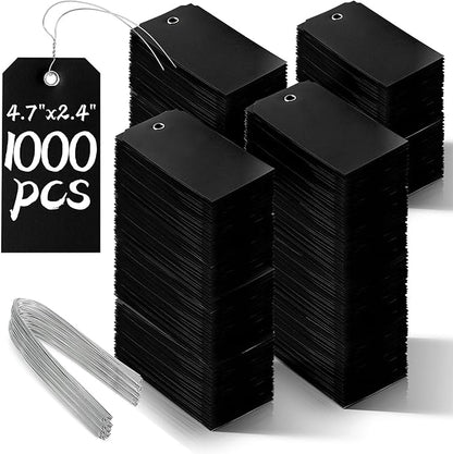 1000 Pieces Plastic Shipping Tags with Wire Labeling Tags Waterproof Hang Tags with Reinforcement Hole Writable Luggage tag Loops for Equipment Inventory Parts Garage (Black, 4 3/4" x 2 3/8")