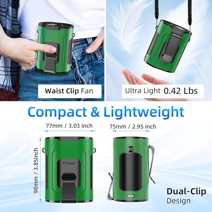 Picozon Portable Smart AI Fan, 9000 RPM Strong Airflow, Rechargeable 4 Speeds Hands-free Wearable Waist Clip Necklace Fan with 20H Non-Stop Cooling System for Outdoor, Hiking Jobsite Camping - Green