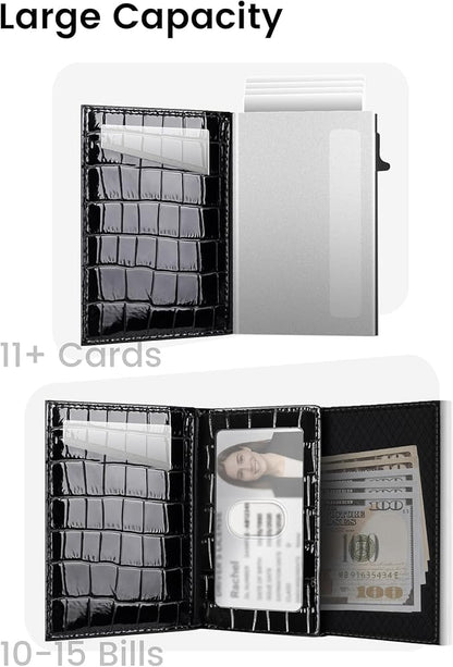 Women's Small Wallet - Sleek & Secure - RFID Blocking Compact Wallet with Slim Lightweight Pop Up Credit Card Holder, Premium Black Leather Capacity 11+ Cards Plus Cash & ID, Gift for Her