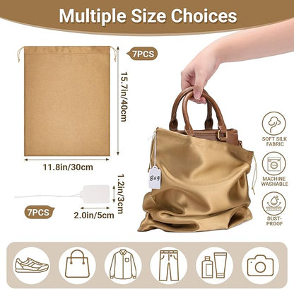 Ewen 7 Pack Satin Drawstring Bags Dustproof, 11.8x15.7in Small Dustbags for Handbags Shoes Storage with Blank Tags, Travel Essentials Packing Bag Purse Organizers for Closet Home Jewelry Organization