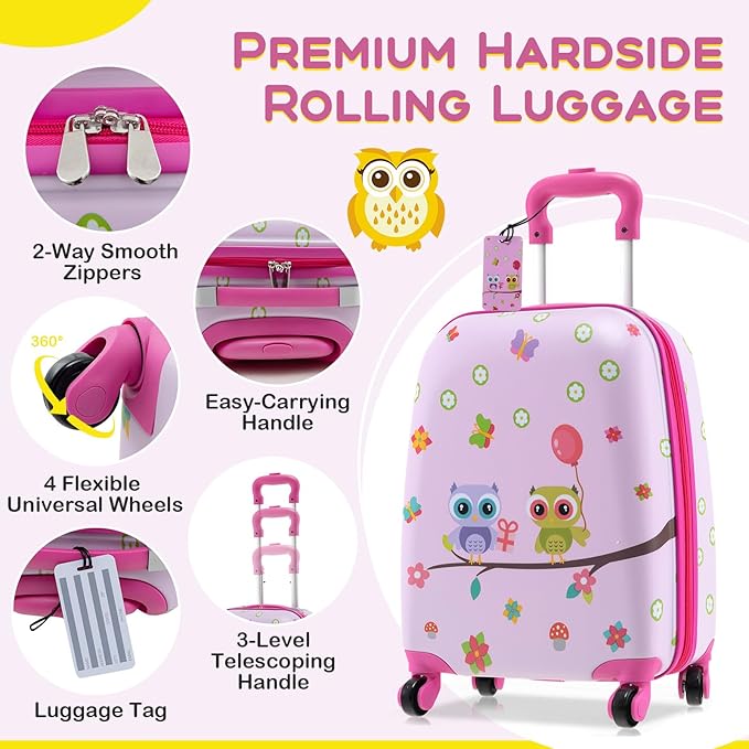 BABY JOY Kids Luggage, 5 Pieces Luggage Set w/ 16" Carry-on Hardshell Spinner Toddler Suitcase, 13" Backpack, Neck Pillow & Insulated Lunch Bag, Travel Kids Rolling Suitcase for Girls Boys (Pink Owl)