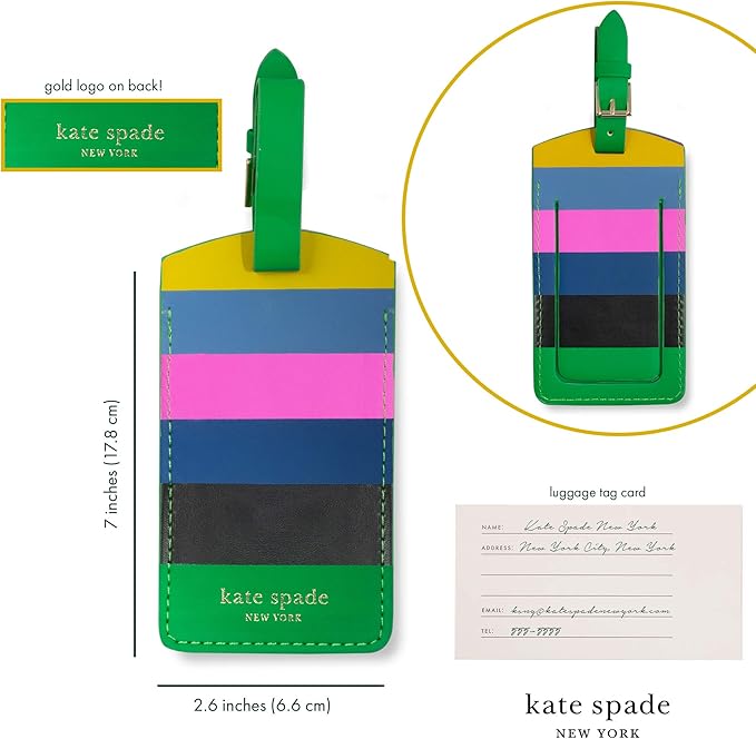 Kate Spade New York Vegan Leather Luggage Tag for Women, Durable Suitcase ID Tag, Enchanted Stripe