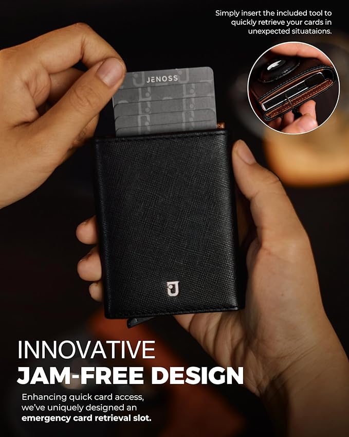 Jenoss Smart AirTag Wallet for Men: Full Grain Leather, Handcrafted, Black Pop Up Case, Slim, RFID Blocking Credit Card Holder Compact, 12 Slot Organizers ID Cash Apple Air Tag Tracker (Black & Brown)