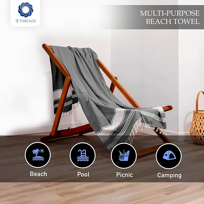 Cotton Turkish Beach Towel Towels Oversized 36"x72" Pool Absorbent Extra Large Quick Dry Sand Travel Towel (Grey, 4 Pack)