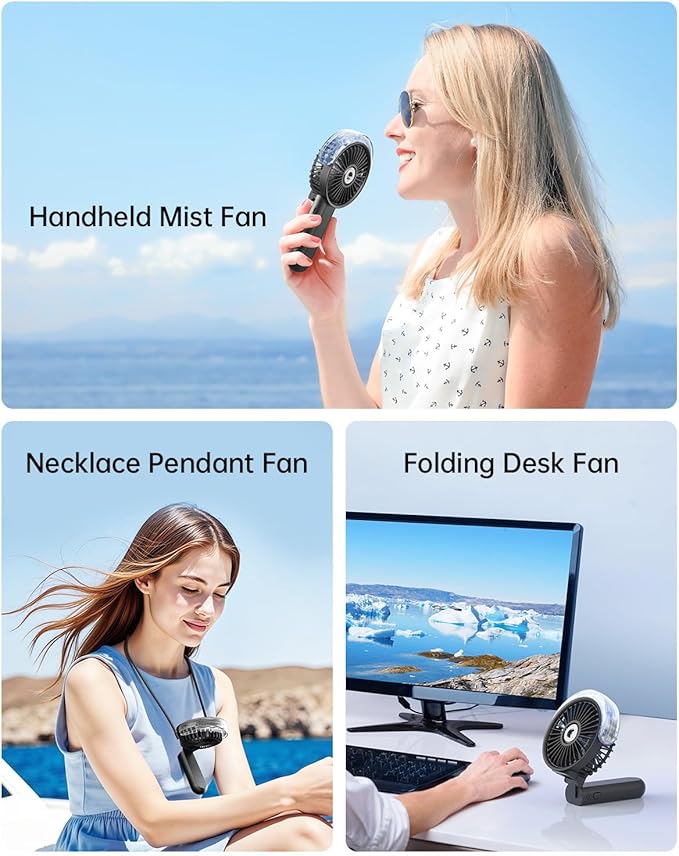 SWEETFULL Portable Misting Fan - 180° Foldable Handheld Personal Fan with Mist Spray, 3 Speeds, 30ml Water Tank, USB Rechargeable for Travel, Outdoors, Makeup, Camping, Home, and Office Use
