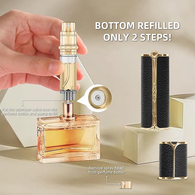 BF01BKB Leather Perfume Bottle 10ml – Bottom-Fill Refillable Dispenser, Leak-Proof & Portable for Men & Women, Ideal for Travel, Gifting & Daily Use (BKB)