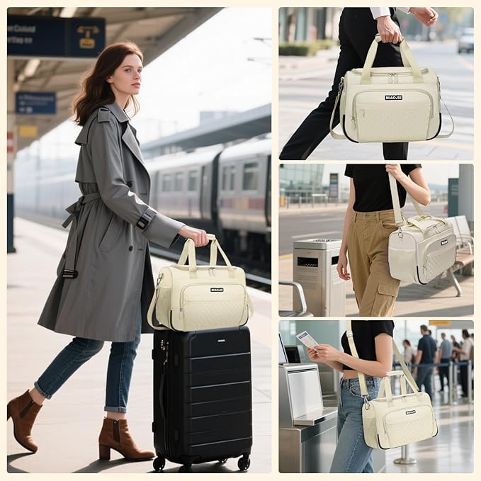Travel Duffle Bag for Women, Underseat Carry On luggage Bag Foldable Overnight Weekender Hospital Bag Lightweight Airplanes Personal Item Travel Tote Bag for Women Birthday Gifts, 16IN Beige