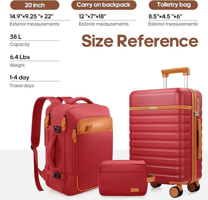 UKEIN Luggage Sets 3 Piece, Carry On Luggage 20In With Spinner Wheels,PC Hardside Suitcase Set with TSA Lock,Durable Carry On Suitcase With Travel Backpack for Men (Red, 3 piece set (20inch))