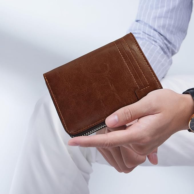 Minimalist Real Leather Wallet for Men with Zipper Card Holder and ID Window RFID Blocking Bifold Wallet (Brown)