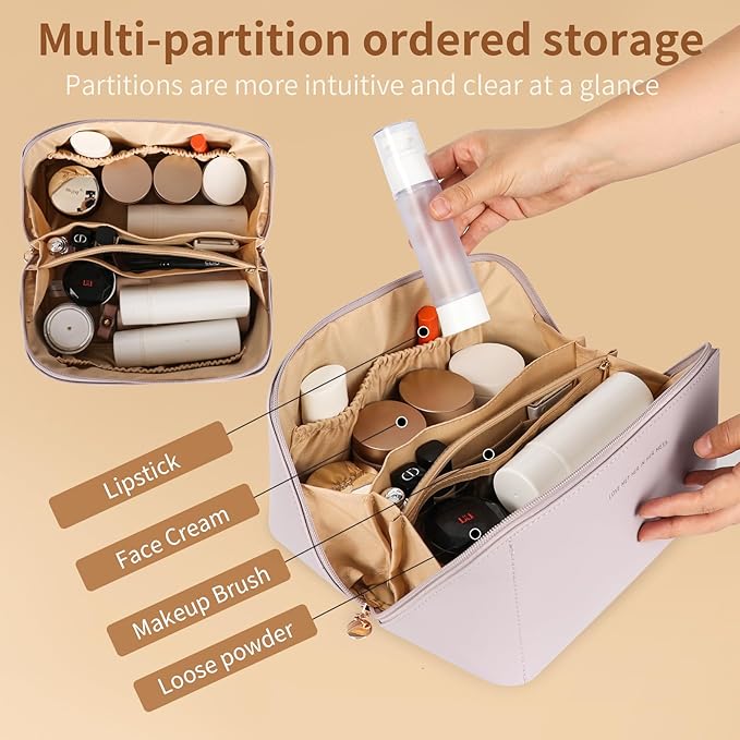 Travel Makeup Bag, Large Capacity Cosmetic Organizer Bags for Women, Waterproof PU Leather Toiletry Bags, Wide Open Flat Makeup Case with Divider and Handle