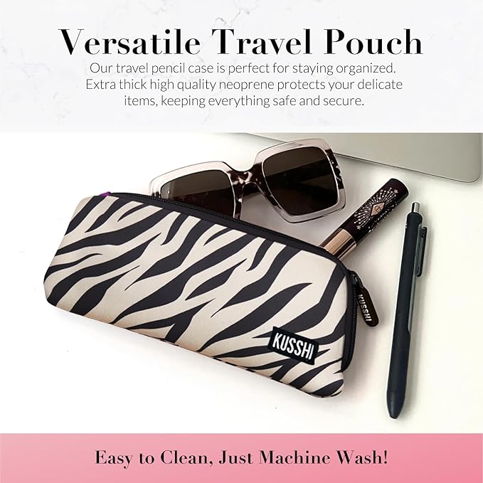 KUSSHI Neoprene Zipper Makeup Brush Pouch and Travel Pencil Case for Beauty Tools, Pencils, Brushes & Small Accessories - Makeup Brush Bag Pouch for Organization and Travel Items (Zebra/Fuchsia)