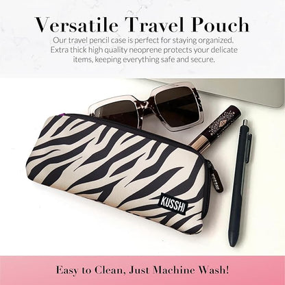 KUSSHI Neoprene Zipper Makeup Brush Pouch and Travel Pencil Case for Beauty Tools, Pencils, Brushes & Small Accessories - Makeup Brush Bag Pouch for Organization and Travel Items (Zebra/Fuchsia)