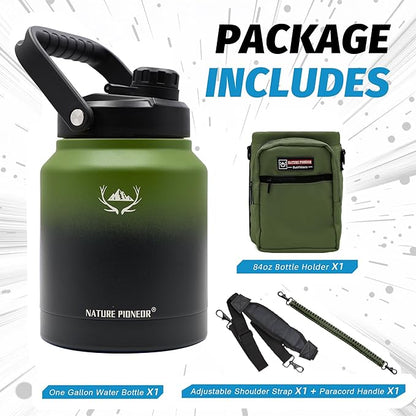 NATURE PIONEOR Insulated Water Bottles with Strap Pouch - 84 oz Stainless Steel Vacuum Bottle with Holder/Carrier/Sleeve - 18/8 Food Grade 84oz Water Jug