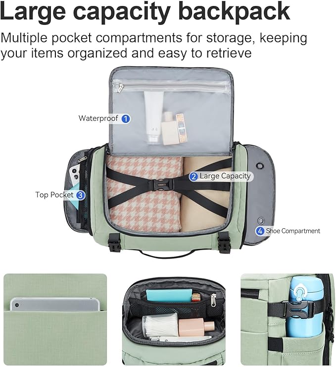 Carry On Travel Backpack with Shoe Compartment Flight Approved Laptop Backpack Expandable Work Business Backpack for Women Men Casual Daypack, Light Green