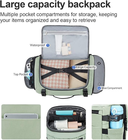 Carry On Travel Backpack with Shoe Compartment Flight Approved Laptop Backpack Expandable Work Business Backpack for Women Men Casual Daypack, Light Green