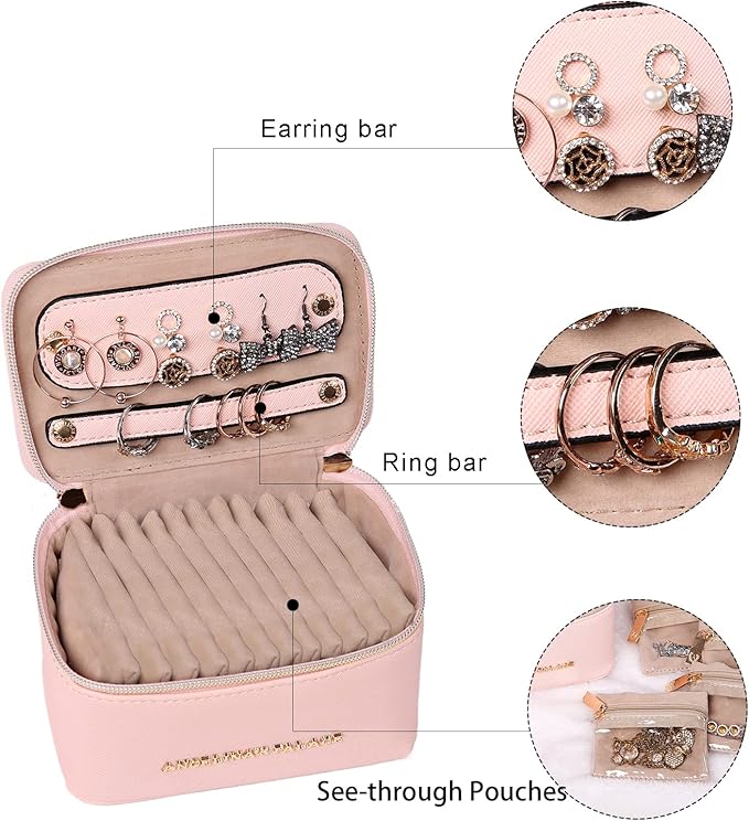 Angelina's Palace Jewelry Organizer Case Bridesmaid Gifts Travel Bag Vegan Leather Box for Necklace Earring Bracelet Ring(soft pink)