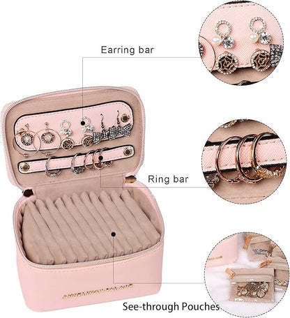 Angelina's Palace Jewelry Organizer Case Bridesmaid Gifts Travel Bag Vegan Leather Box for Necklace Earring Bracelet Ring(soft pink)