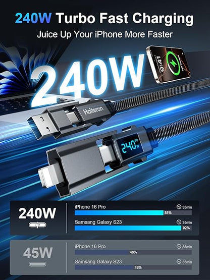 4 in 1 Charging Cable 3FT,240W USB C to USB C Cable Fast Charging Flat Braided iPhone Charger Cord Combo USB A/C to C/L with LED Display, Type C Charging Cord for iPhone 16/15,MacBook,iPad