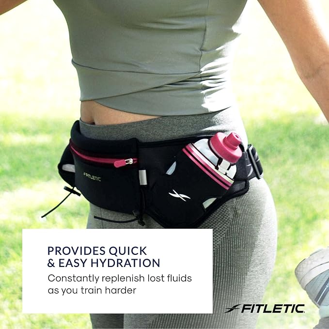 Fitletic Hydration Running Belt with Water Bottles for Men & Women – 2 Quick Flow 8oz Running Water Bottles, Patented Bounce Free Design, Water Resistant Pouch Fits All Phones – Hydra 16