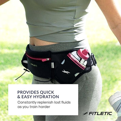 Fitletic Hydration Running Belt with Water Bottles for Men & Women – 2 Quick Flow 8oz Running Water Bottles, Patented Bounce Free Design, Water Resistant Pouch Fits All Phones – Hydra 16