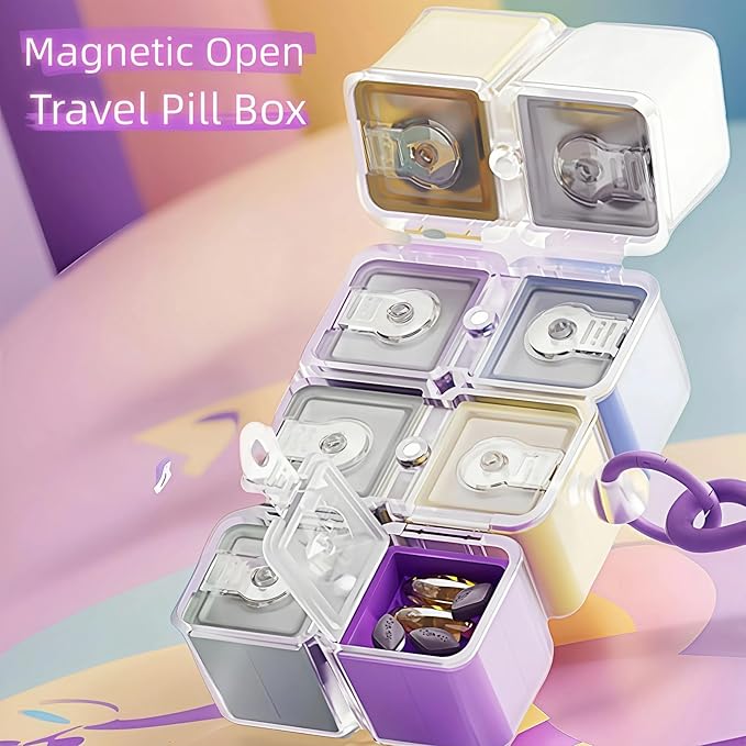 Weekly Pill Organizer, Travel 7 Day Pill Box Case with Magnetic Design, Easy Open Pill Container for 8 Compartments Portable Pill Case Medicine Holder for Vitamins Medication (Multicolor)