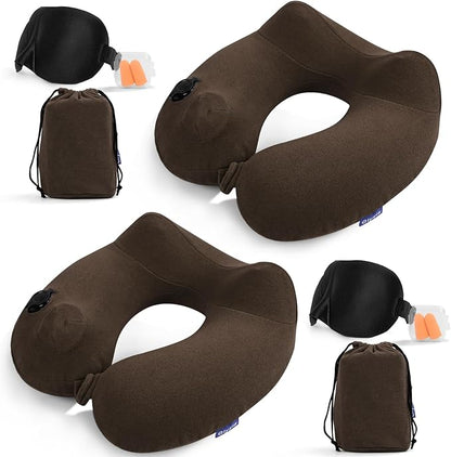 2 Pack Inflatable Travel Neck Pillows for Airplanes, Head Support Velvet Adult Neck Pillows for Long Flight, Kit with Eye Mask, Earplugs and Storage Bag, 2, Brown