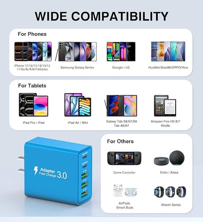 [2-Pack] USB C Wall Charger, 60W USB C Charger Block 5-Port PD Fast Charging Blocks,2USB C+3USB A Multiport Plug,Type C Power Adapter Brick Cube for iPhone17/16/15/14/Pro,iPad,Samsung,for Switch（Blue）