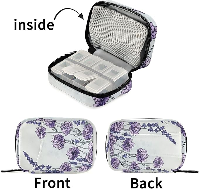 Pill Organizer Box Case Weekly Travel Pill Container Holder 7Day Cute Vitamin Organizer Dispenser Sorter Planner Storage Small Compact Ink Purple Chrysanthemum and Lavender04