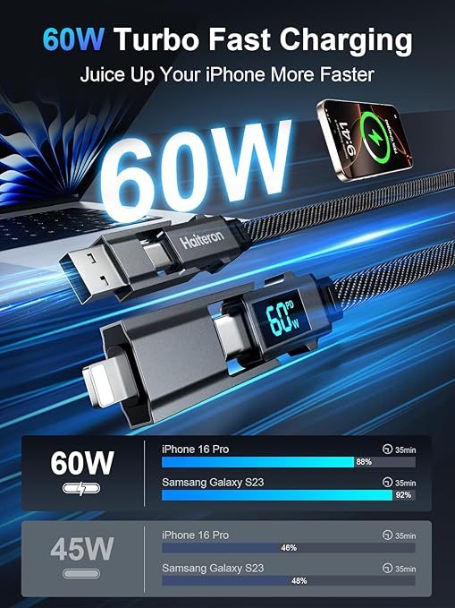 4 in 1 Charging Cable 60W, USB C Fast Charging iPhone Charger Cord Flat Braided Combo USB A/C to C/L Cable with LED Display,Multi Charging Cord for iPhone 16/15,MacBook,iPad,3FT