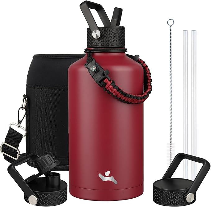 Insulated Water Bottle with Straw,87 oz 3 Lids Water Jug with Carrying Bag,Paracord Handle,Double Wall Vacuum Stainless Steel Metal Flask,Dark Red