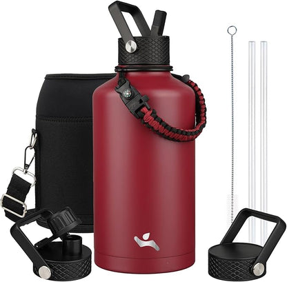 Insulated Water Bottle with Straw,87 oz 3 Lids Water Jug with Carrying Bag,Paracord Handle,Double Wall Vacuum Stainless Steel Metal Flask,Dark Red