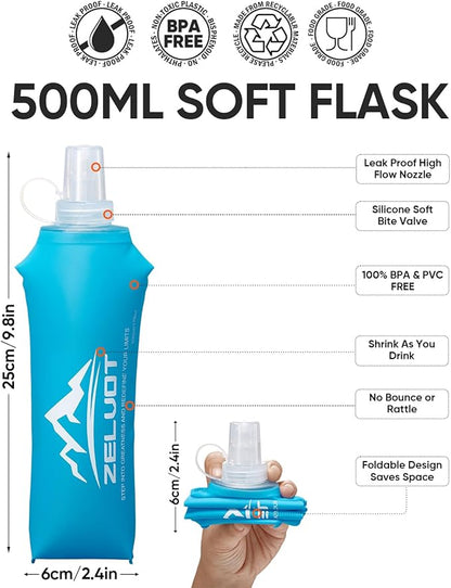 2 Pack Running Vest Soft Flask, BPA-Free 500ml Collapsible Water Bottle for Hydration Backpack, Folding Running Water Bottle for Marathon Hiking Cycling Climbing (Blue, 500ML - 2 Pack)