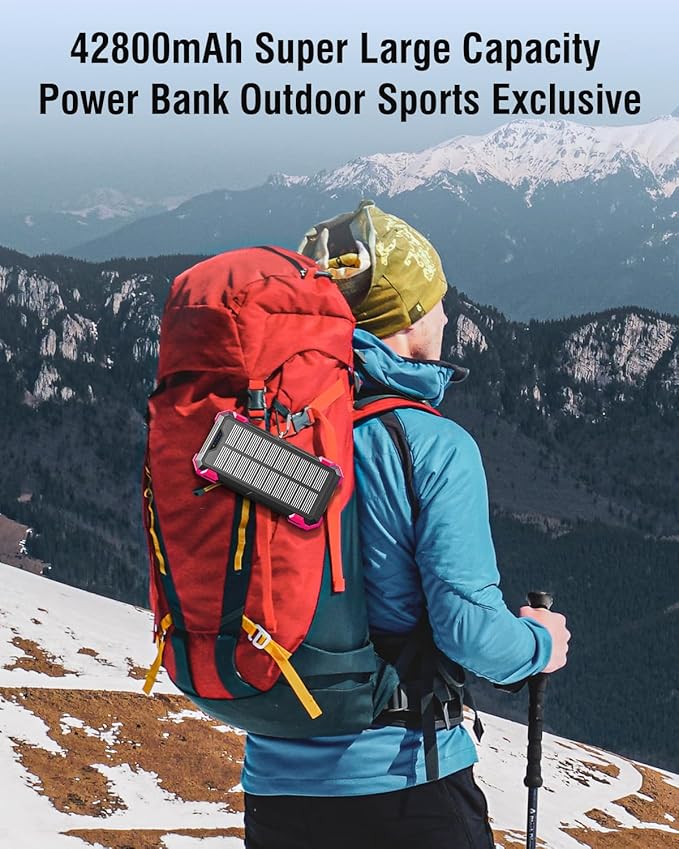 Solar Charger Power Bank, 42800mAh Wireless Portable Charger with USB-C in/Output, QC3.0 Fast Charging 15W 4 Ports Outdoor Battery Pack Built-in Dual Led Flashlights for iPhone Samsung etc Red