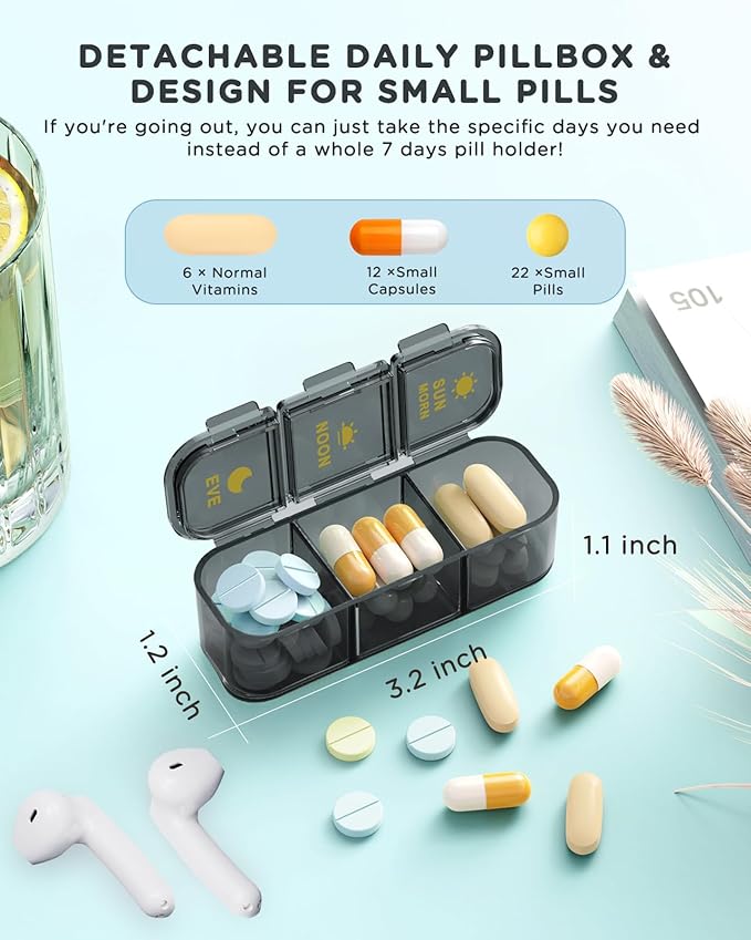 Pill Organizer 3 Times A Day - Acedada Weekly Pill Organizer 3X A Day, Large Pill Box 7 Day Medicine Organizer Pill Case, Pill Container Holder, Daily Pill Box 3 Times A Day, for Vitamin, Black Grey