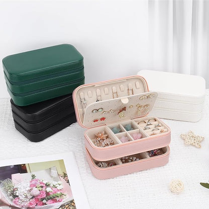 DesignSter Small Travel Jewelry Box with Double Zipper, 2 Layers PU Portable Jewelry Case for Women and Girls,Travel Jewelry Organizer for Rings, Earrings, Necklaces, Bracelets,Pink