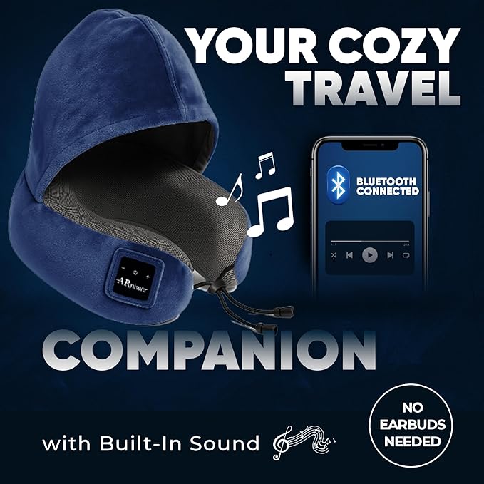 Bluetooth Music Semicircular Neck Pillow with Hood Wireless Bluetooth Speaker Suitable Airplane,Car,Office,and Outdoor Camping for Sleeping, Resting The Best Travel Essentials. (Navy Blue)