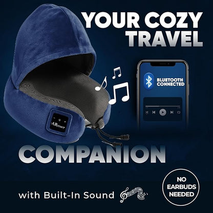 Bluetooth Music Semicircular Neck Pillow with Hood Wireless Bluetooth Speaker Suitable Airplane,Car,Office,and Outdoor Camping for Sleeping, Resting The Best Travel Essentials. (Navy Blue)