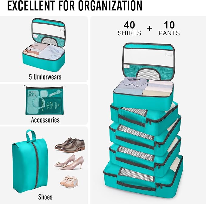 Veken 10 Set Packing Cubes for Kids & Toddler, Airplane Travel Essentials, Beach Vacation & Road Trip Suitcase Organizer Bags Set for Luggage, with Hanging Toiletry & Shoe Bag