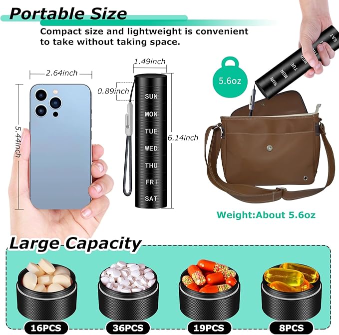 Aluminium Travel Pill Organizer,Weekly Metal Pill Case,Pill Holder, Moisture Proof Waterproof Daily Pill Box 7 Day, Large Pill Container to Hold Vitamins,Medication,Supplements 【Black Knurling】