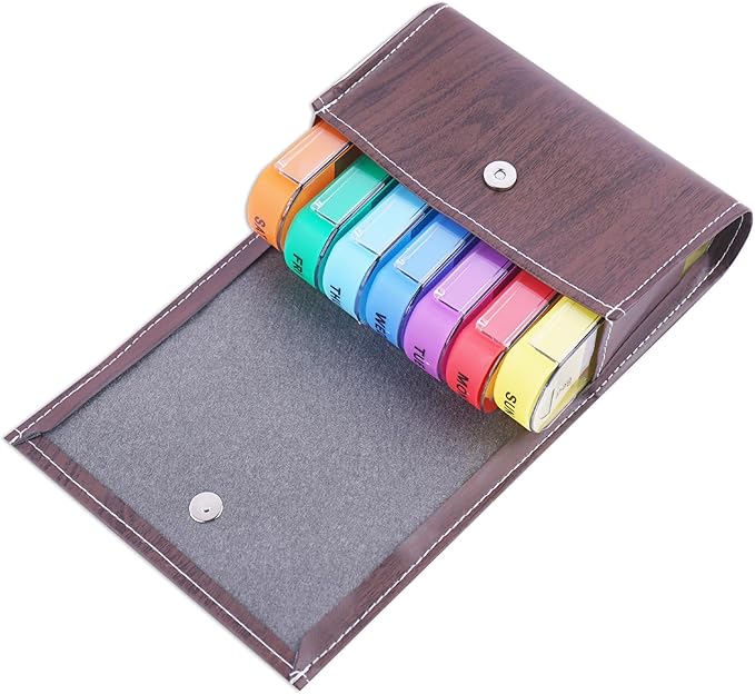 Pill Organizer,LIZIMANDU Weekly Travel Pill Case Box Medication Reminder Daily AM PM, Day Night 7 Compartments,for 4 Times A Day, 7 Days a Week-Includes Leather PU Carrying Case(1-Wood-Dark Brown)
