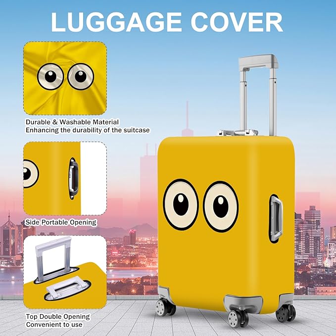 ANNA QUEEN Funny Cartoon Eyes Luggage Cover, Yellow Suitcase Protector with Cute Big Eyes Design, Travel Suitcase Cover for 24-26 Inch Luggage, Stretchable & Washable Spandex Travel Accessories