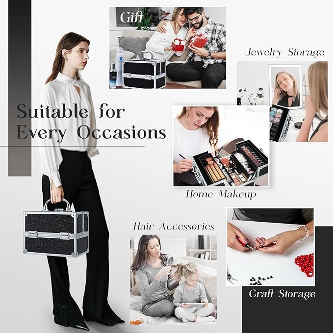 FRENESSA Makeup Train Case Portable Makeup Case Organizer Cosmetic Box Make Up Box Makeup Organizer Cosmetic Storage Cases with Locking Nail Kit Organizer Travel Case Black