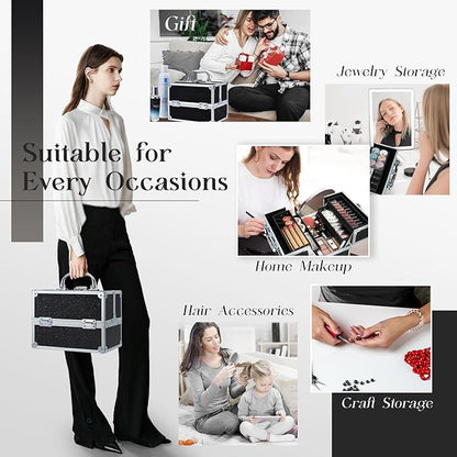 FRENESSA Makeup Train Case Portable Makeup Case Organizer Cosmetic Box Make Up Box Makeup Organizer Cosmetic Storage Cases with Locking Nail Kit Organizer Travel Case Black