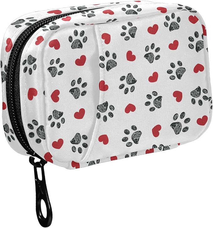 Fustylead Paw Print with Red Hearts Travel Pill Organizer Case Zipper for Purse with Removable Weekly Pill Box for Medicine, Vitamin, Supplement Medicine Organizer